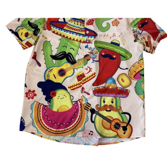 Fiesta-Themed Mens Button-Up Shirt Sombrero Avacodo Cactus Short-Sleeve  XL Mens - Picture 3 of 6